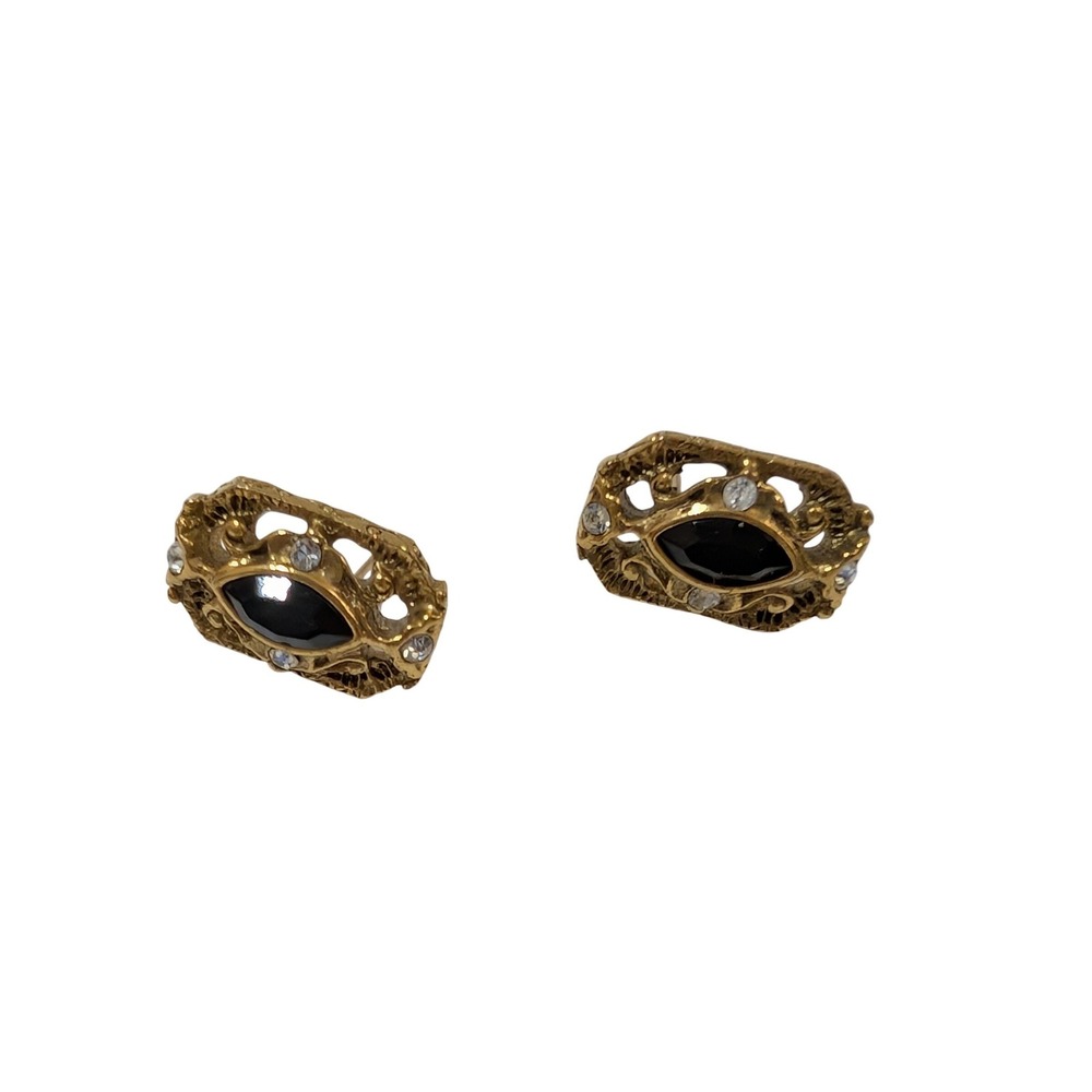 Vintage Gold Tone Black Marquise Rhinestone Filigree Stud Earrings Victorian